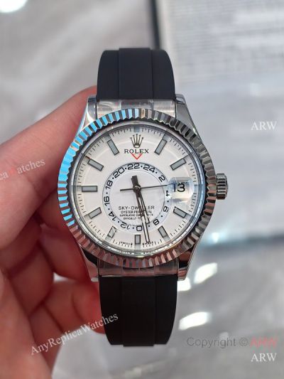 AR+ Factory Weighted Version Rolex SKY-DWELLER White Face Rubber Strap Watch 42mm